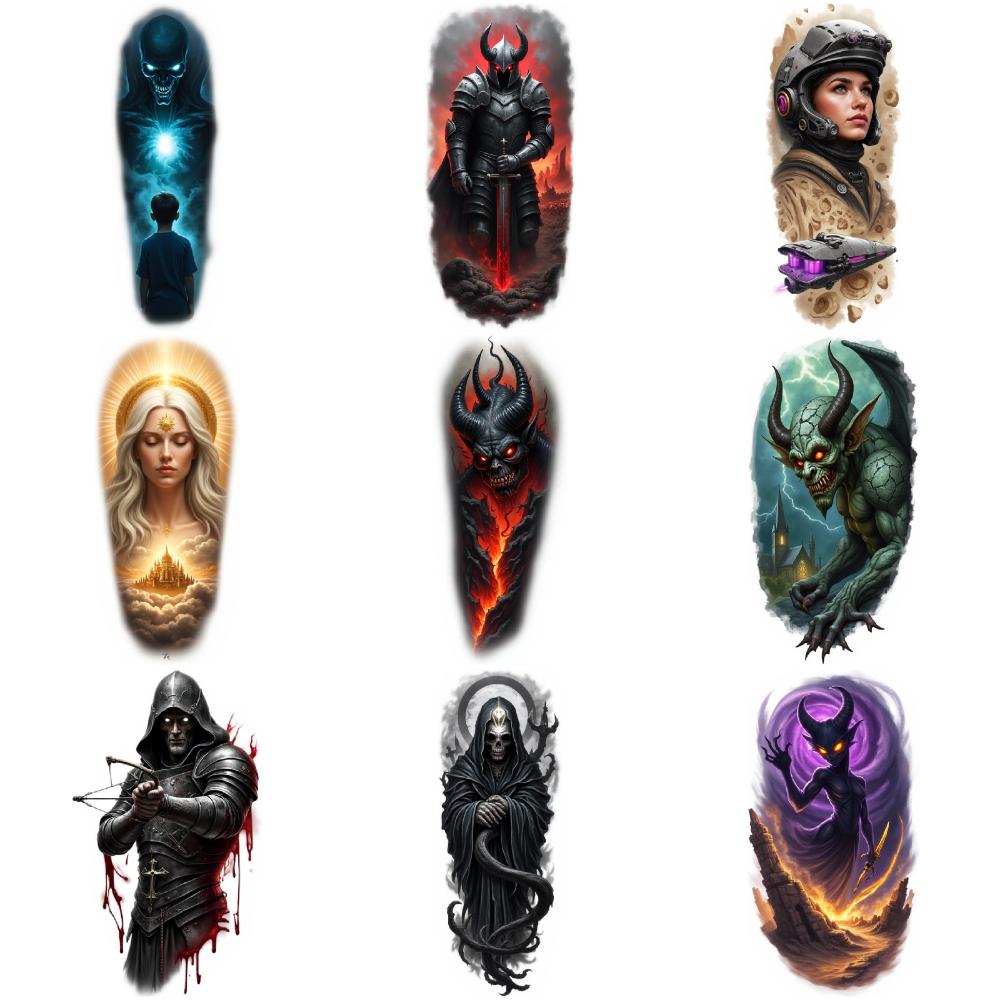 9pcs Temporary Tattoo Realistic Temporary Tattoos Grim Reaper Astronaut Hooded Archer For Adult Back Thighs