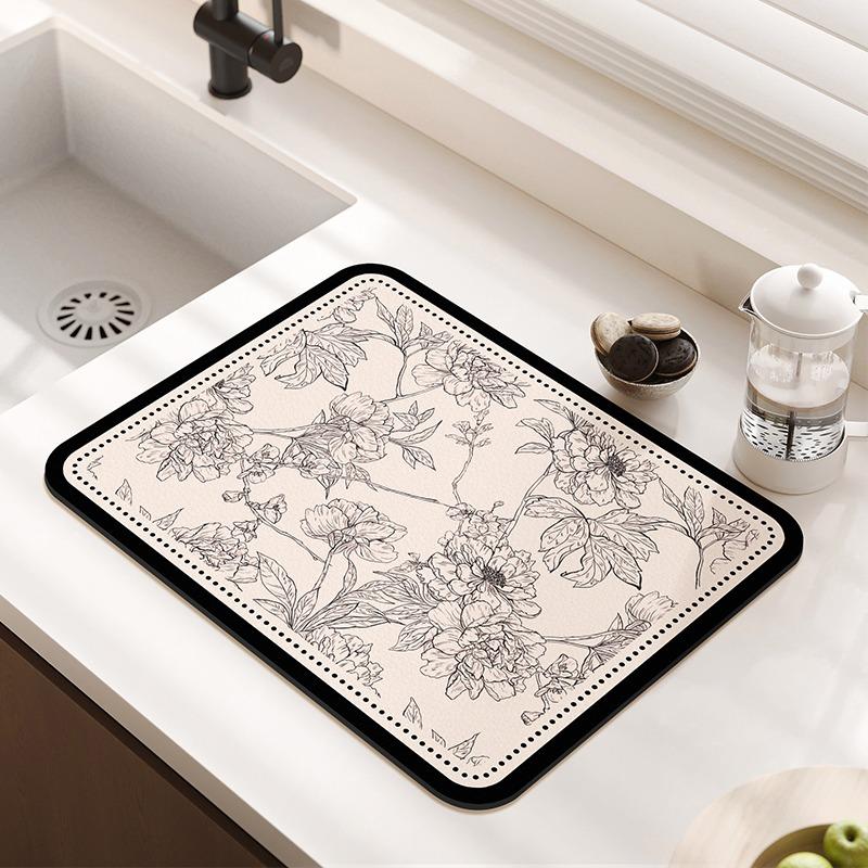 Kitchen Counter Drying Mat Floral Pattern Printed Diatomaceous Earth Absorbent Mat Desktop Tableware Dry Pad Cup Bar Mat
