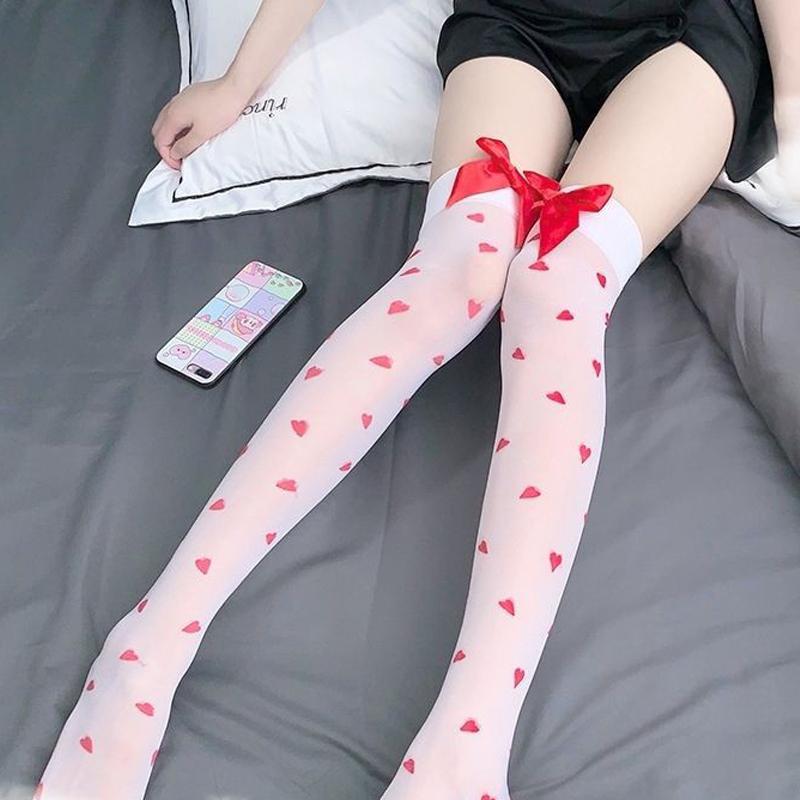 Sexy Bow Heart-Shaped Printing Stockings Pure Desire Lace Stockings For Women