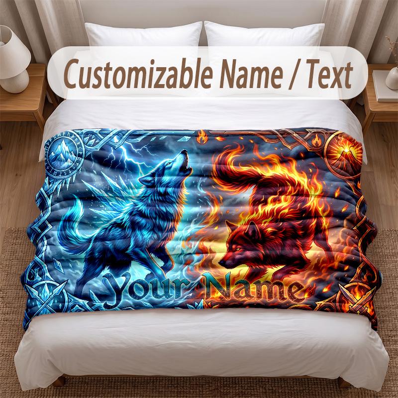 Wolf Theme Soft Blanket Personalized Custom Name Text Print Warm Blanket Home Sofa Bedroom Decor