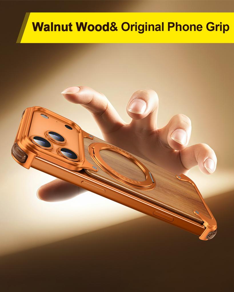 Oatsbasf Solid Wooden Phone Case for iPhone 17 Pro Max/Air/16 Pro with Stand 360° Rotatable Magnetic Shockproof Protective Cover