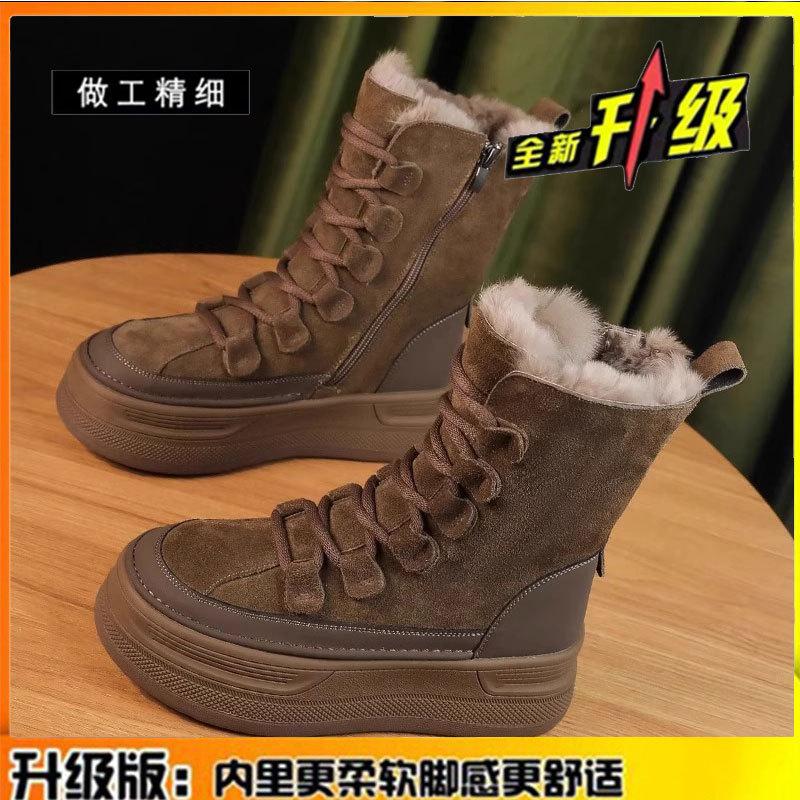 

Leather platform snow boots women s new autumn and winter fur integrated short boots piled and thickened warm cotton shoes 40