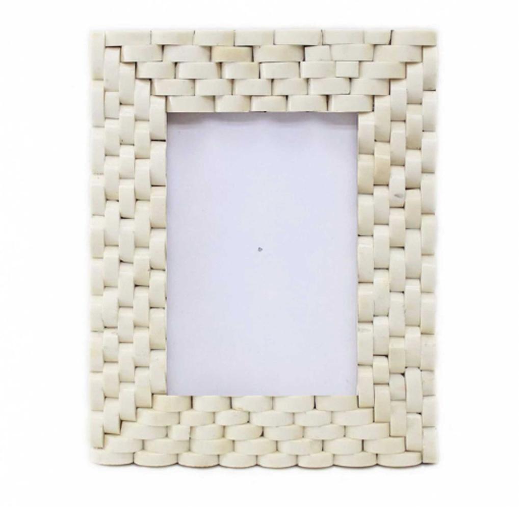 Elegant Bone Inlay Photo Frame | White Textured Weave | Decorative Table Frame