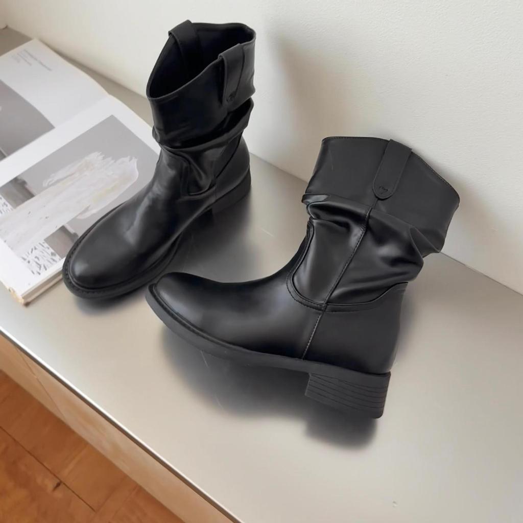 Skinny Low Heel Medium Boots Women's Shoes 2025 Spring and Autumn Single Boots Western Cowboy Pile Short Boots Coarse Heel Martin Boots