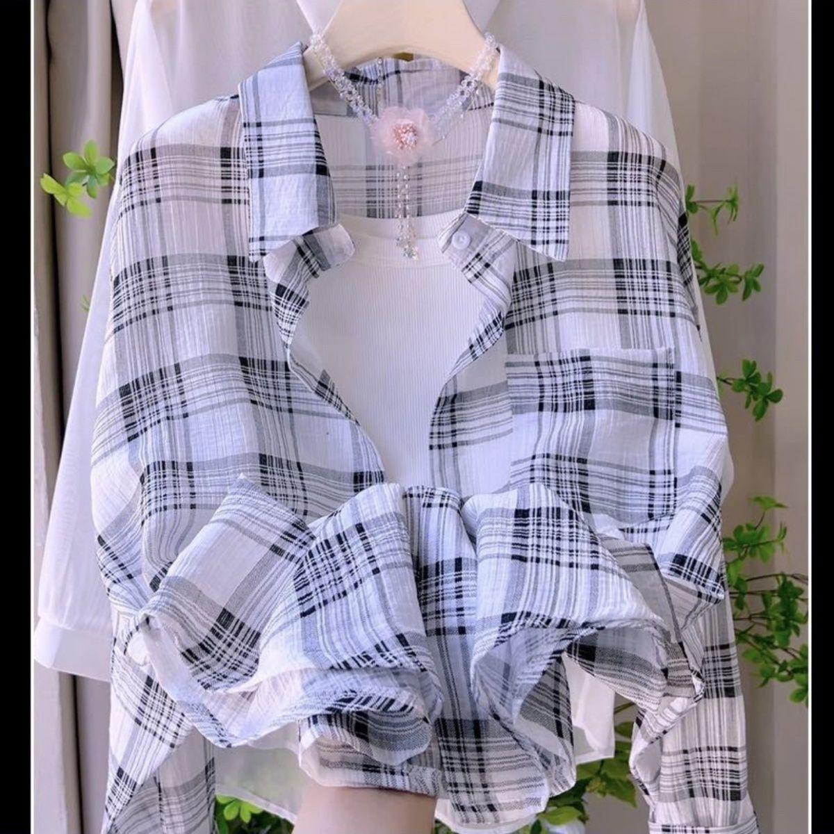 

WTEMPO Women Plaid Button Down Shirt Long Sleeve Lightweight Sheer Cropped Blouse Casual Loose Sun Protection Shirt for Summer 3XL