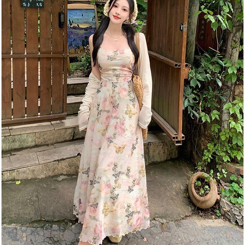 Gentle Wind Suspender Dress Summer Temperament Coffee Break French Floral Niche Design Sense Thin Slim Dress