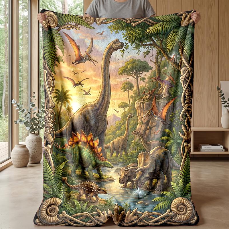 Dinosaur Jurassic Adventure Blanket Personalized Name Flannel Blanket Soft Cozy Plush Throw for Sofa Bed Lightweight Home Decor
