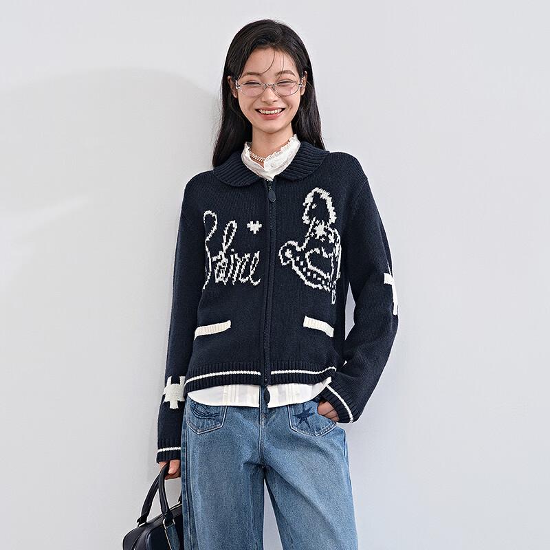 

LED IN Women s Color Block Jacquard Lapel Knit Sweater S