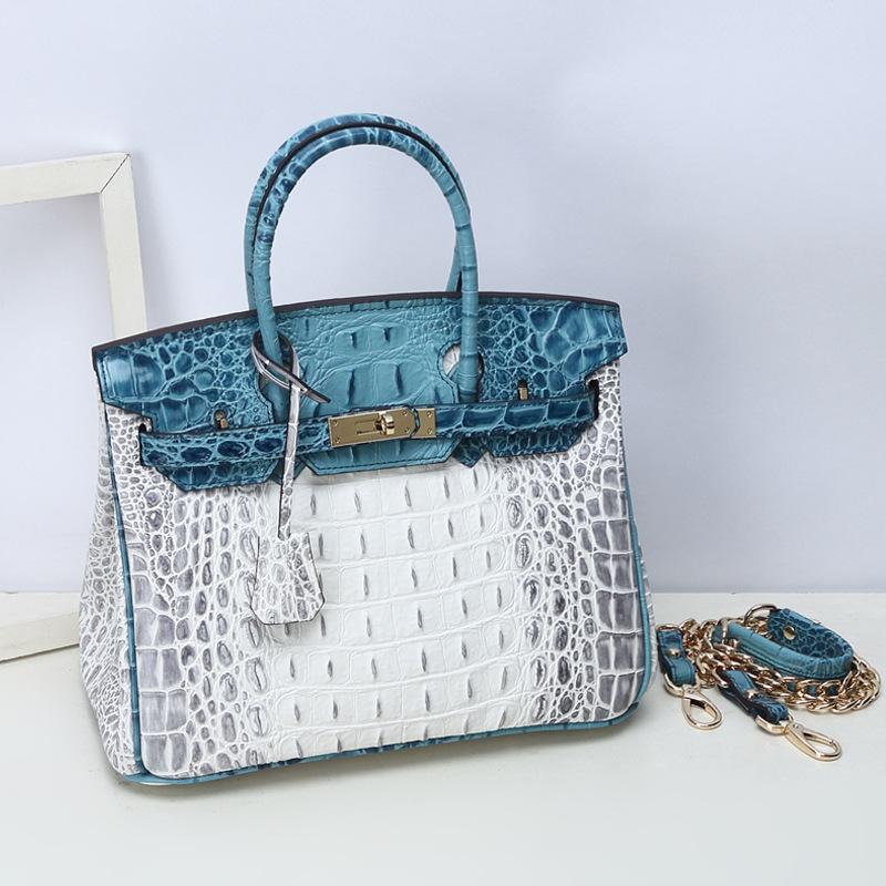 Geantă platină cu model os de aligator texturat, piele naturală, lanț nou la modă, atmosferic, geantă de mână, geantă de umăr messenger de capacitate mare.