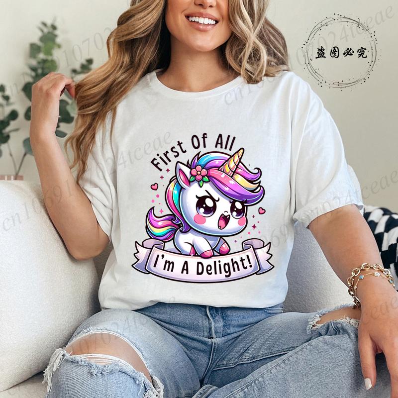 Funny Unicorn Women Summer T-Shirt First of All I'm A Delight Graphic T Shirt for Women Fashion Casual Sarcastic Tee Shirts Tops