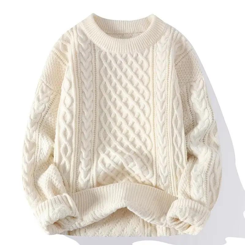 Men Knitted Sweater For Men Casual Round Neck Warm Inner Loose-fit Pullover Cozy Soft Supple Fall Winter Fashion