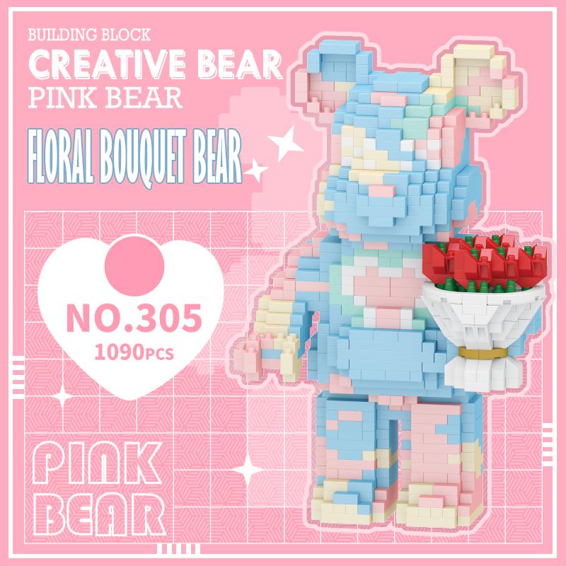 Animal Handheld Flower Pink Bear Micro Building Blocks Set1090PCS5.9in High SeriesGifts for Collectors and Enthusiasts