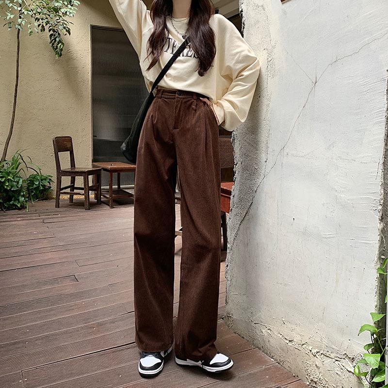 Høy midje Dame Vintage Kordfløyelsbukser Rett Casual Vårbukser Koran Vintage Kaffe Lommer All Match Bukser