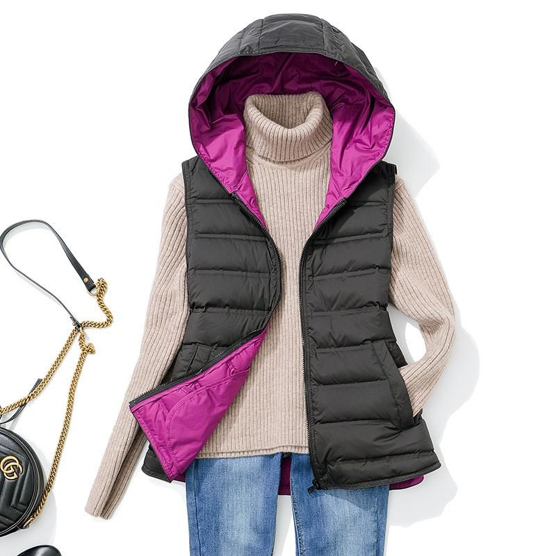 Womens Short Hooded Down Vest Slim Fit Lightweight Seamless Fabric Color Block Winter