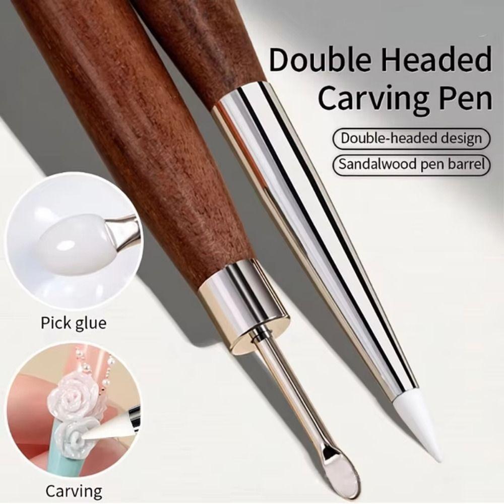 Ergonomic Handle Sandalwood Nail Pen Double Headed Silicone Carving Pen  Gel Polish