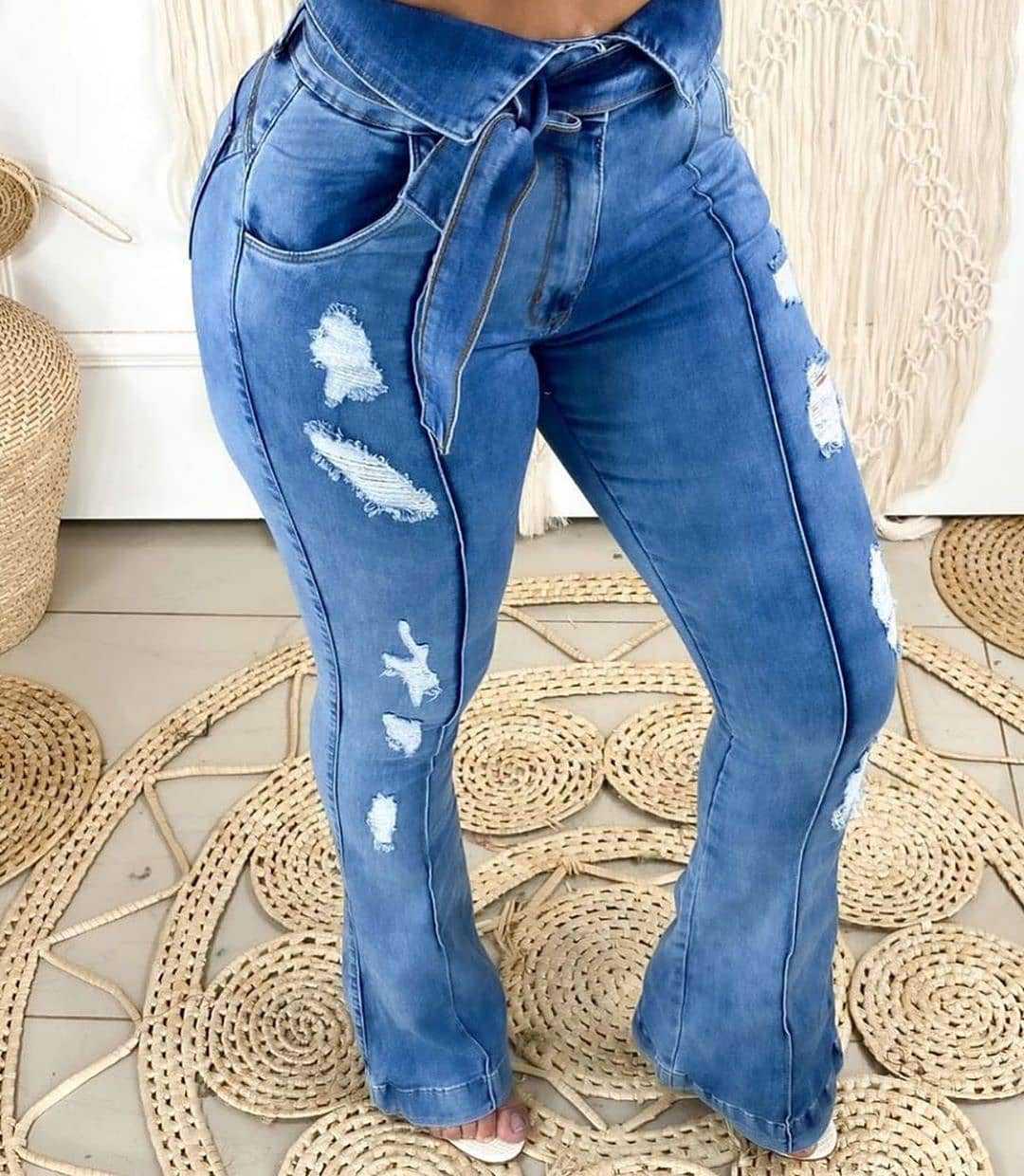 

Y5175 Fashion Washed Ripped Flare Jeans Small синий
