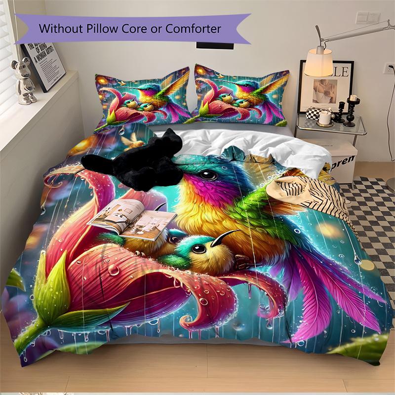 3pcs Rainbow Hummingbirds Bedding Set - Includes 1 Quilt Cover and 2 Pillowcases, Comfortable Bedding with Stylish Design for Bedroom, Machi