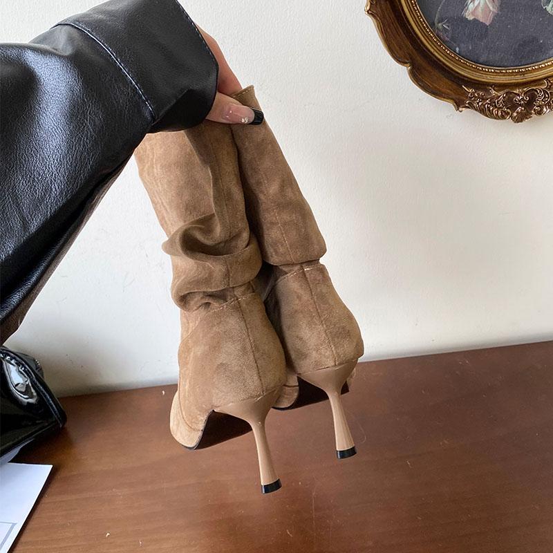 Fashion Elegant Women Ankle Boots With Thin Heels Shoes Pleated Fashion Pointed Toe Ladies Short Modern Boots Female Pumps Shoes lady