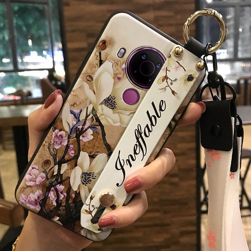 Back Cover Anti-dust Phone Case For Nokia 5.4 Wrist Strap Anti-knock Kickstand Shockproof Wristband Flower Phone Holder