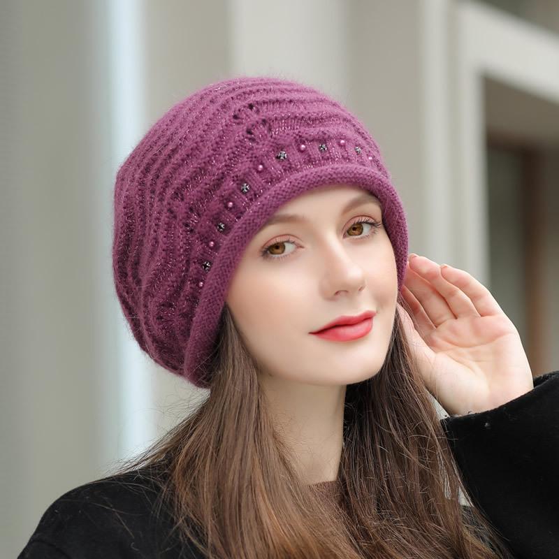 

USPOP Зимние шапки Женские вязаные шапки Толстые теплые шапки Мягкие кроличьи шерстные шапки с жемчугом Skullies 55-59 cm