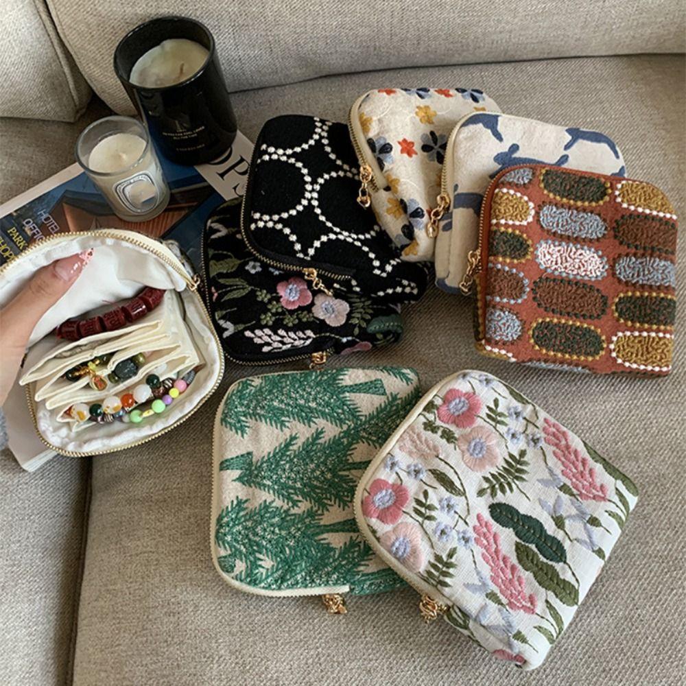 Multi-Layered Embroidered Jewelry Storage Bag Cotton Linen Women's Wallet Ring Pendant