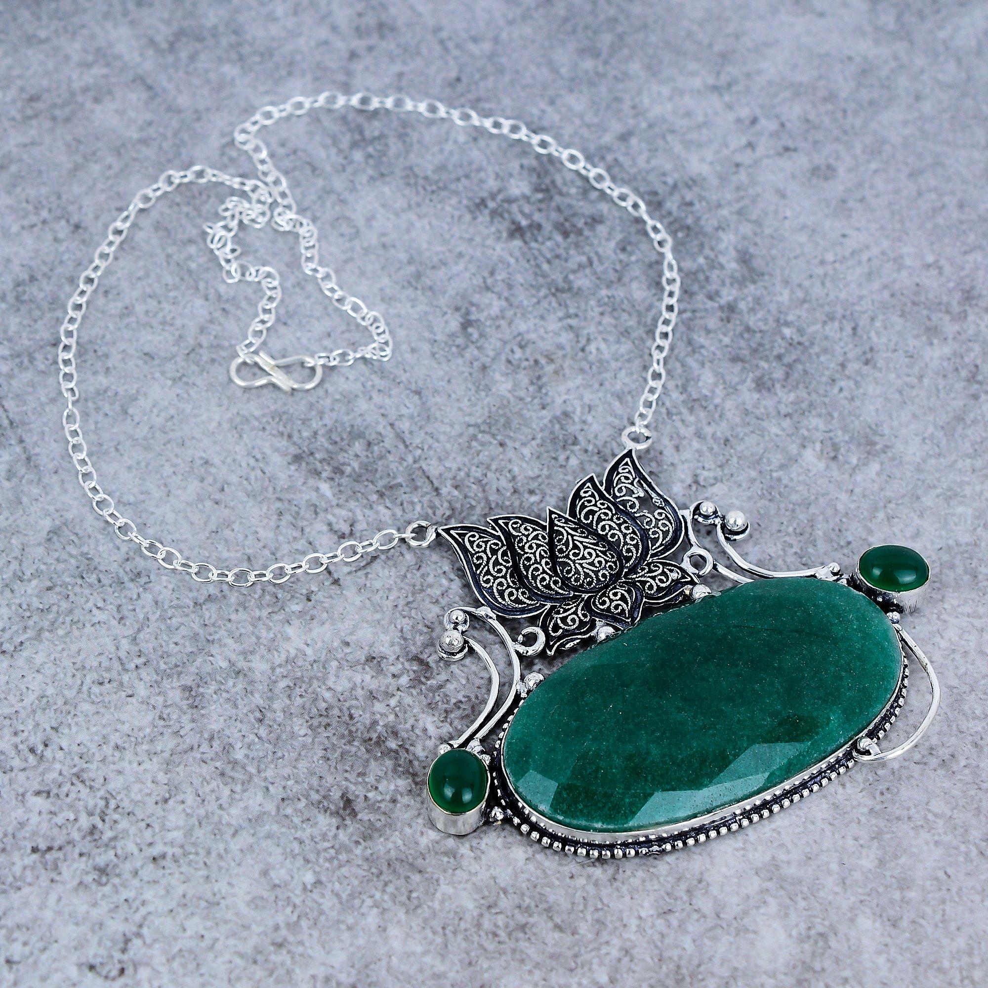 

Green Jade, Onyx Gemstone Handmade 925 Sterling Silver Jewelry Necklace 18 M-2761