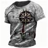 Summer Men's Retro Nautical Map T-shirt Breathable Multifunctional Niche Travel Top