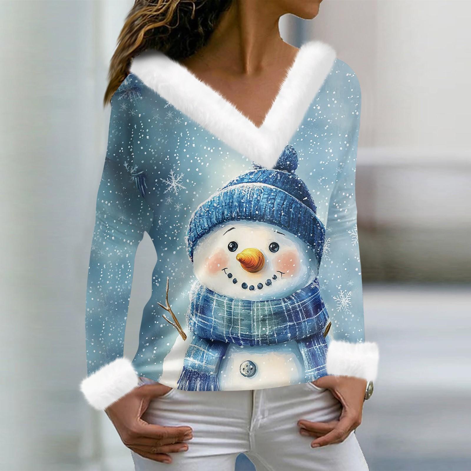 

Женская футболка с рождественским принтом, длинный рукав, флисовый воротник, V-образный вырез, футболка XXL синий