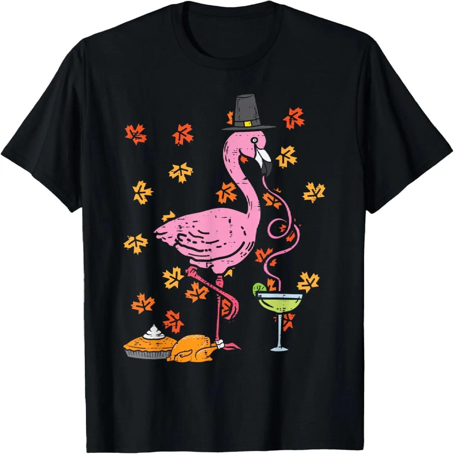 Thanksgiving Pilgrim Flamingo Fall Autumn Men Women Kids T-Shirt S чёрный