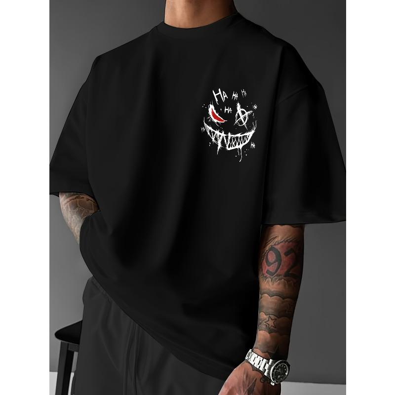 European sizes Mens T-Shirt - Evil Smile Print T-Shirt,  Breathable And Comfortable, Slightly Dropped Shoulder Design Round Neck T-Shirt