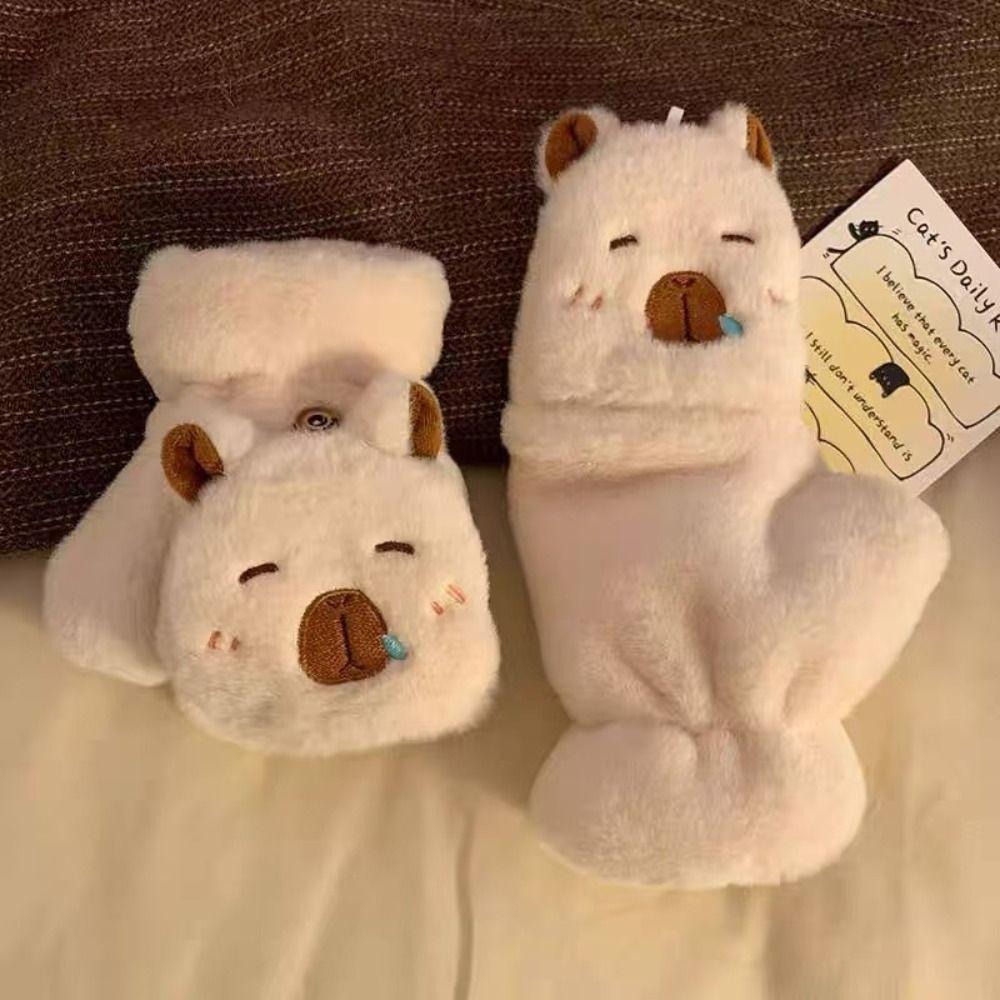Plush Gloves Flip Cover Winter Velvet Gloves Kawaii Capybara Gloves Student
