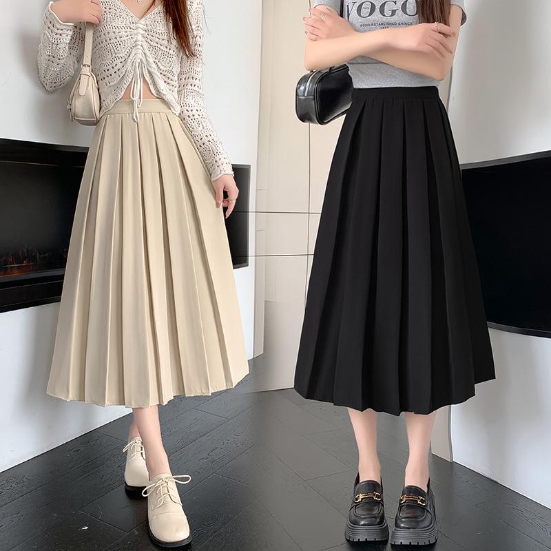 Women's Black Pleated A-Line Skirt - Mid-Length, High Waist, Elastic Fit, Autumn/Winter