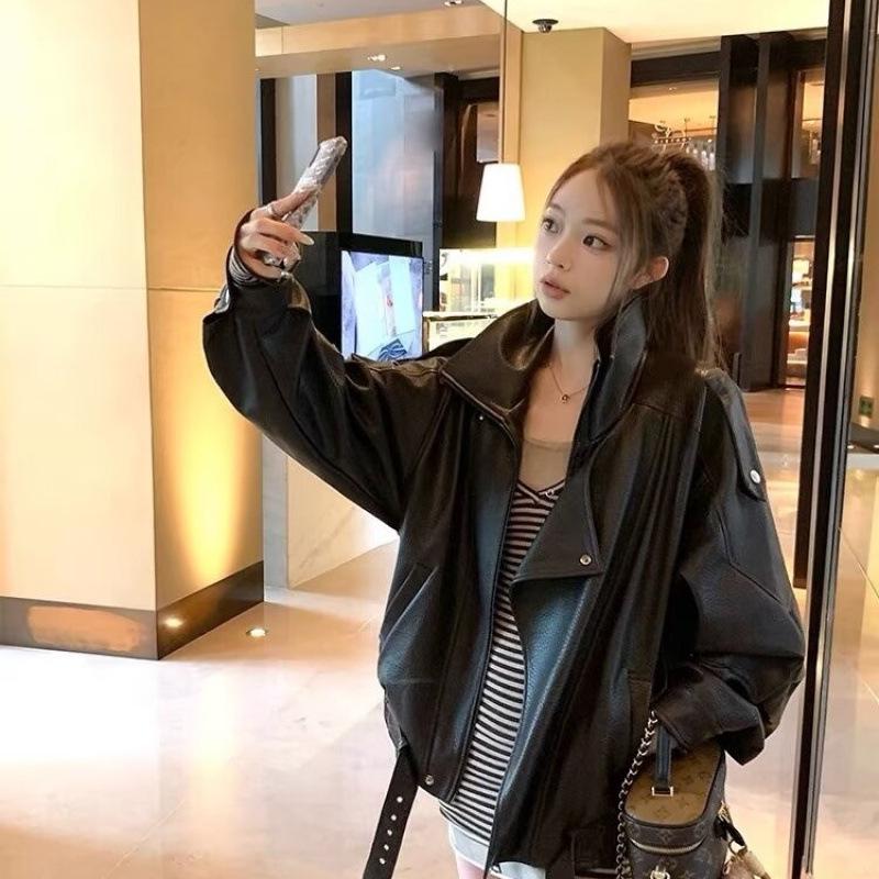 Maillard Brown Leather Biker Jacket for Couples - High-End Autumn Long Sleeve Coat