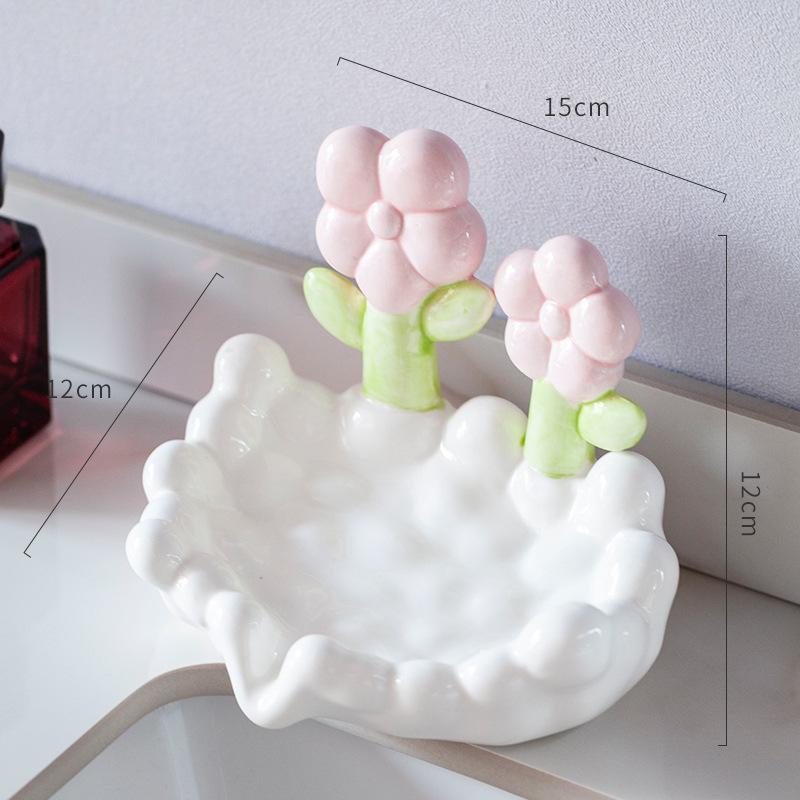 Tulip Ceramic Soap Dish with Drain Non-Slip Floral Soap Holder Creative Storage Rack for Bathroom Sink Decorative Home Accessory