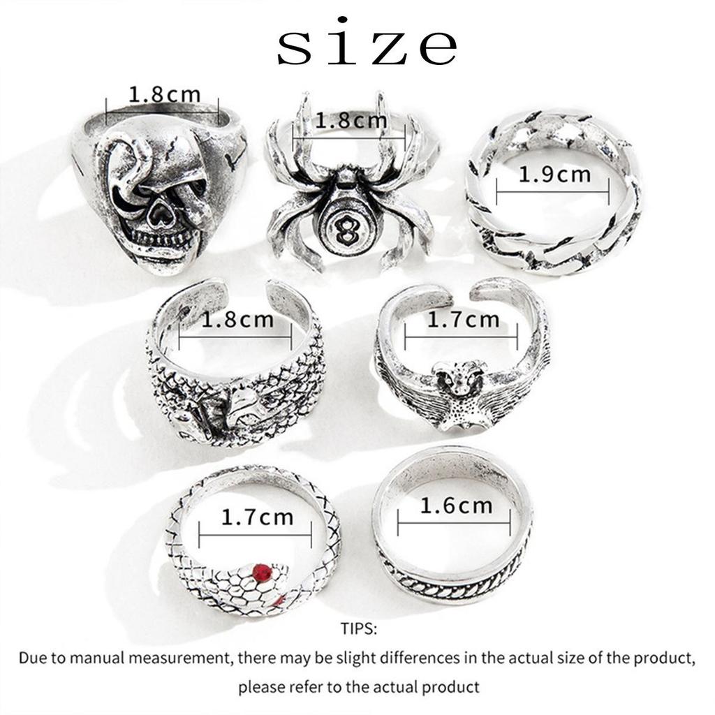 Inel hip-hop nou, din șapte piese, heavy metal, vânt întunecat, șarpe păianjen vechi, craniu de liliac, inel de șarpe cu două capete