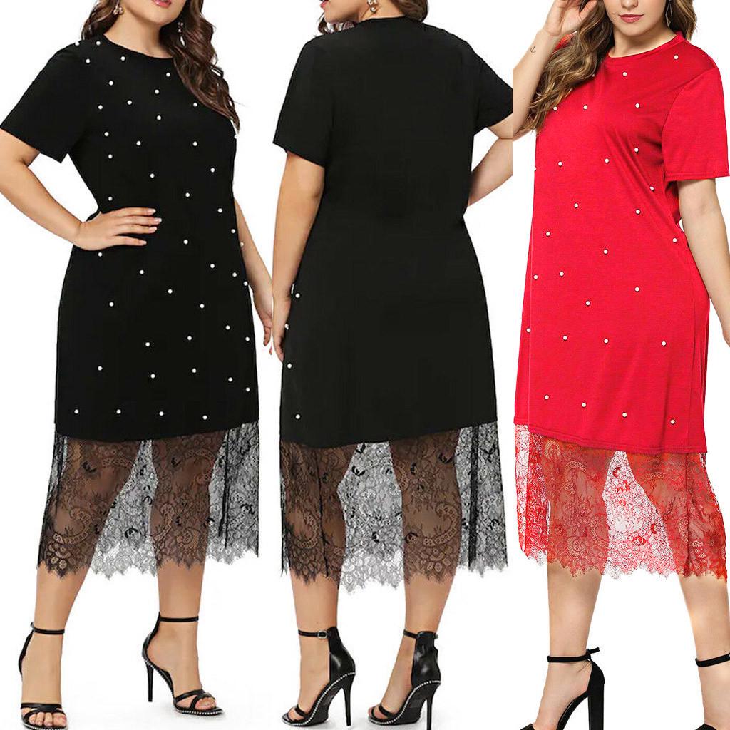 Fashion Women Printed Plus Size Casual O Neck Short Sleeve Pots Lace Dress Fashion Women Printed Plus Size Casual O Neck Short Sleeve Pots Lace Dress