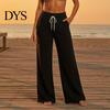 Lounge Wear Pants Women Wide Leg Pants, Drawstring Waist Loose Casual Adjustable Trousers Trousers, Solid Color Palazzo with Pockets