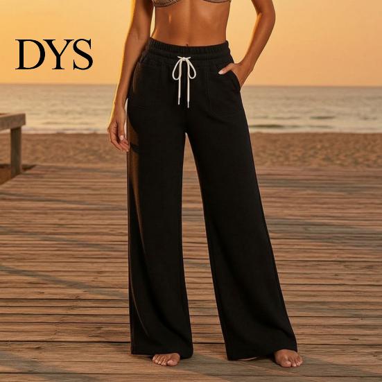 Lounge Wear Pants Women Wide Leg Pants, Drawstring Waist Loose Casual Adjustable Trousers Trousers, Solid Color Palazzo with Pockets