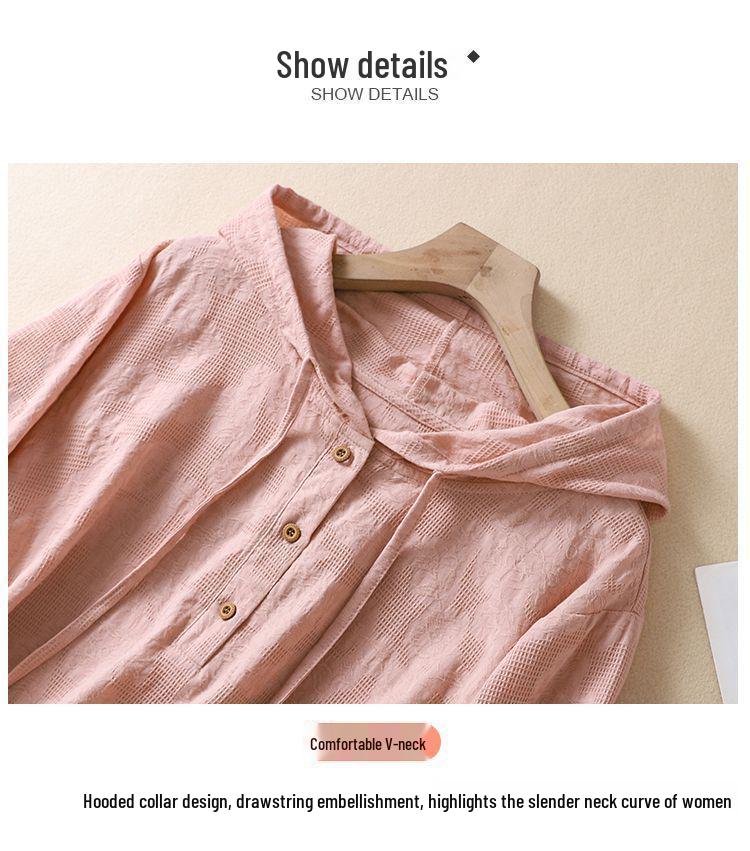 2024 Summer Women's Hooded Cotton-Linen Shirt: Chinese Style Jacquard Embroidered Casual Top