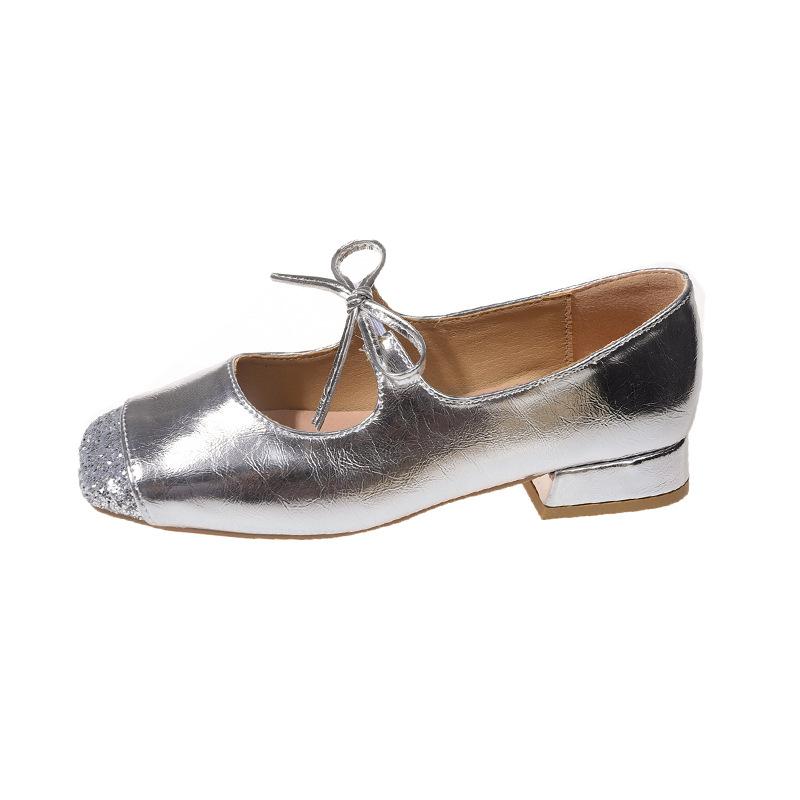 Large size women's shoes 2024 summer new Mary Jane small leather shoes women's thick heel sequined single shoes female manufacturer
