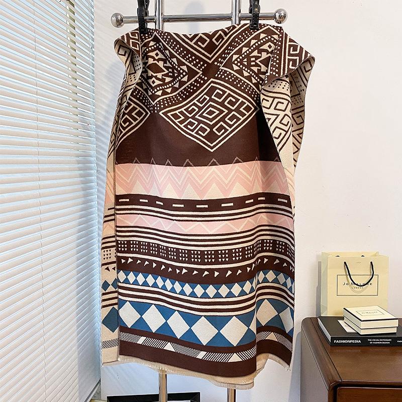 Simple Casual Style Contrasting Colors Double-Sided Imitation Cashmere Scarf Winter High-End Warm Shawl