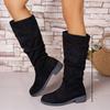 Pleated Boots Women Faux Suede Flock Knee High Boots 2024 Winter Women Fashion Slip On Square Low Heel Knight Booties Mujer