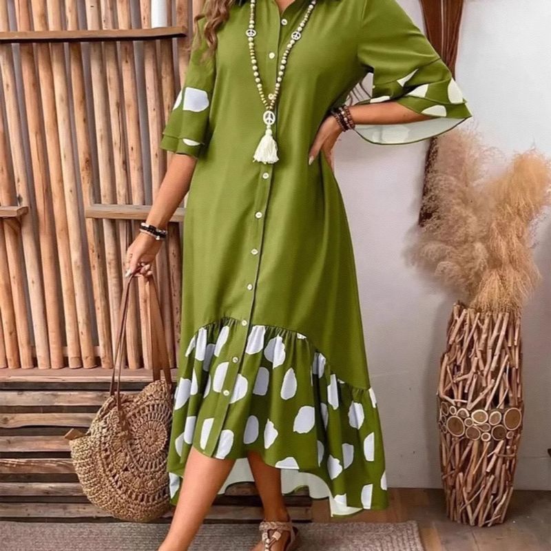 Patchwork Dress European and American 2025 Summer New Women Fashion Casual Patchwork Polka Dot Long Shirt Dress