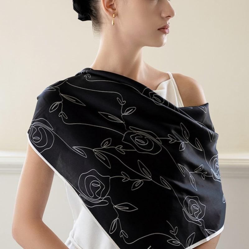 HAS HDM025 Rose Drawing Pattern Square Silk 100% Scarf
