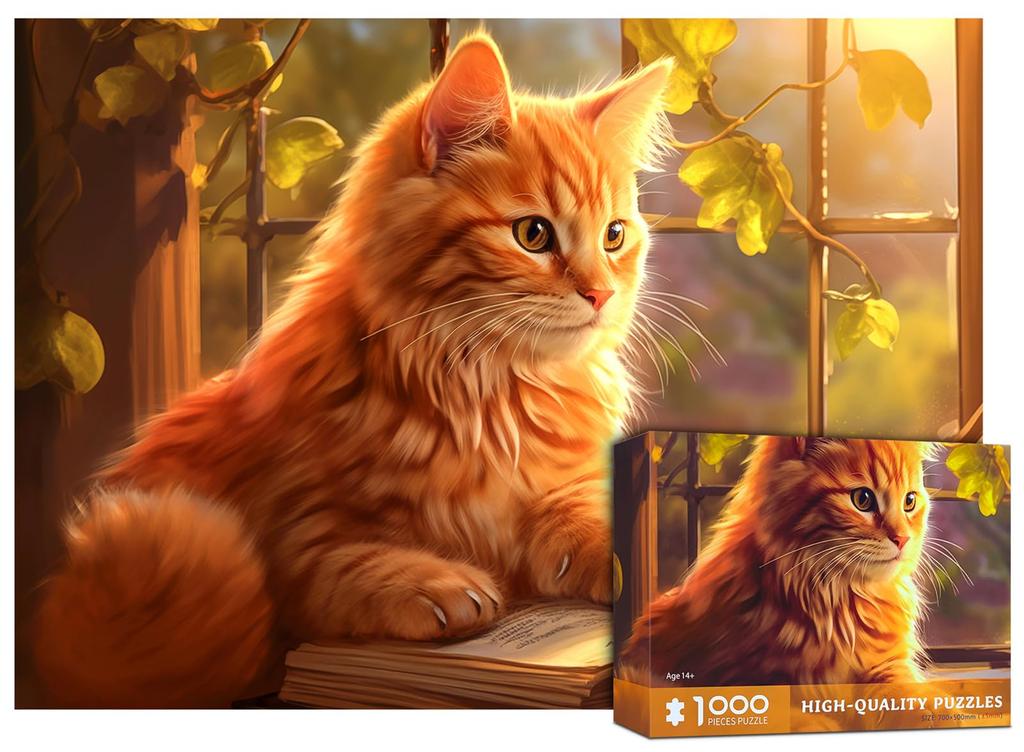 CHengQiSM 1000 Piece Jigsaw Puzzle Cat Reading a Book by the Window Puzzle 1000 Piece Cat Cute Painting Stylish Interior Present (70x50cm)