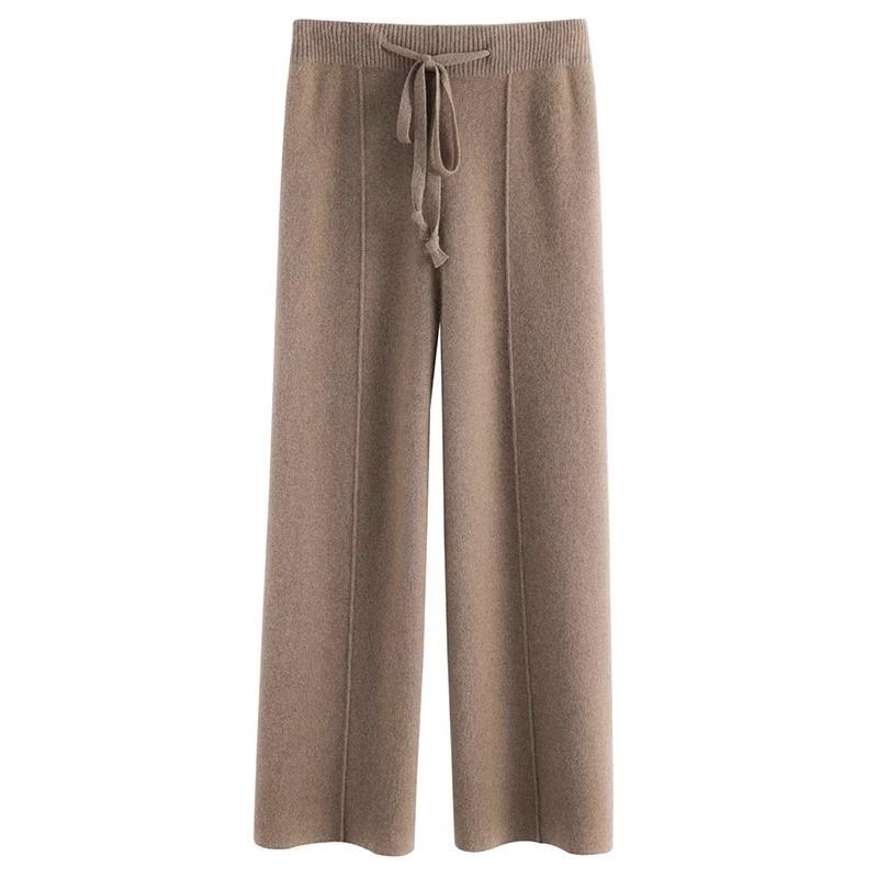 Mode Automne Hiver Taille Haute Cordon de Serrage Pantalon Femme Laine Fine Automne et Hiver Tricoté Droit Décontracté Pantalon Long Élégant Pantalon Ample 2367