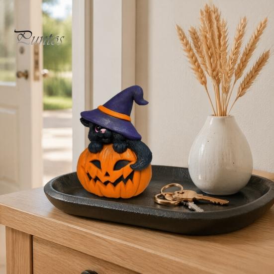 Spooky Halloween Gift for Friends Ornament, Witch Black Cat Pumpkin Shape, Durable Synthetic Resin Unique Holiday Kids Weather Resistant Figurine,