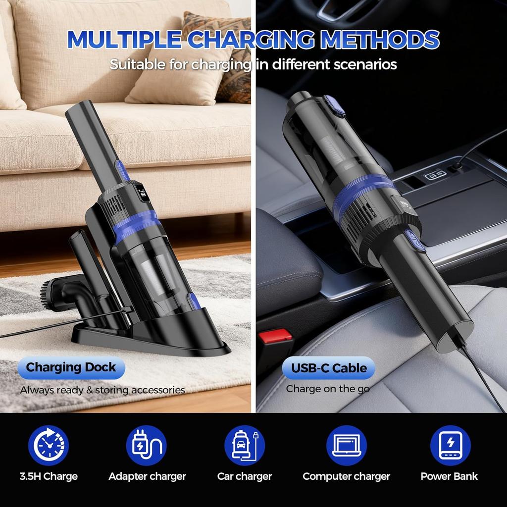 Handheld Vacuum Cordless Rechargeable 2-Speed Modes| 3-in-1 Portable Cordless Vacuum Cleaner with Charging Dock, for Car Home Office and Pet