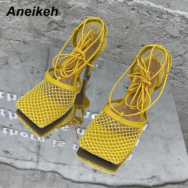 Fashion 2025 Summer Sexy Mesh Pumps Sandals Female Square Toe High Heel Lace Up Cross-Tied Stiletto Hollow Dress Party Shoes 43