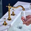 Tuqiu Gold Bathroom Faucet Total Brass Widespread Basin Faucet Black Sink Faucets 3 Hole Faucet Hot & Cold European Style